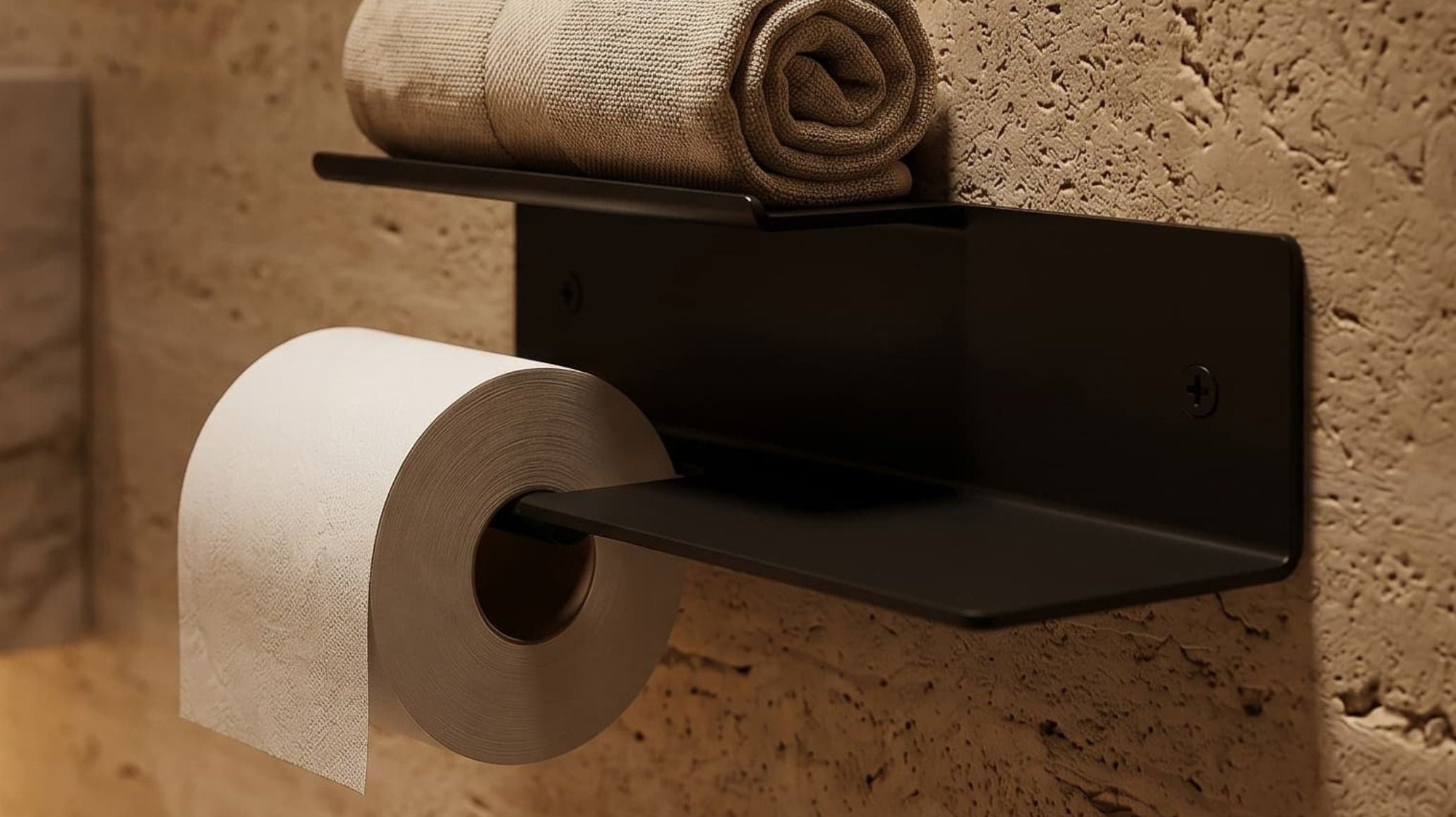 schwarzer Toilettenpapierhalter aus Stahl mit Ablage