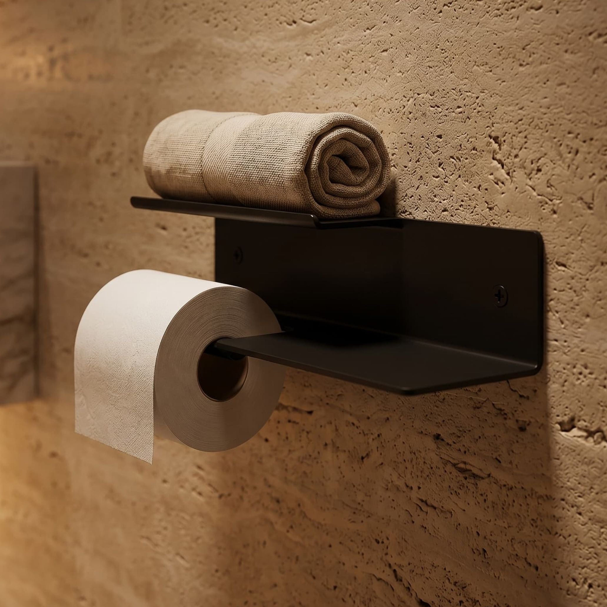 schwarzer Toilettenpapierhalter aus Stahl mit Ablage